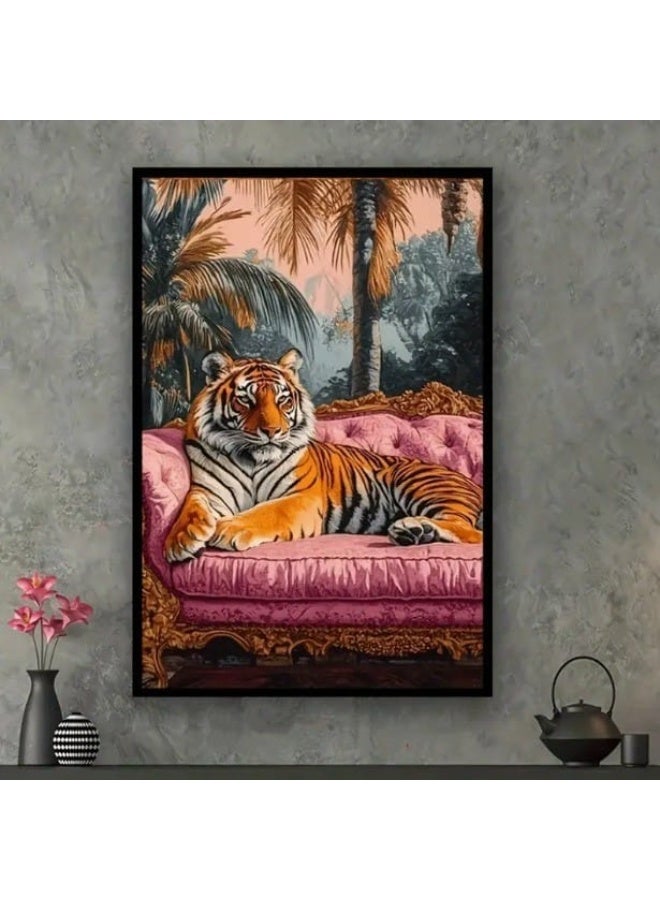 Royal Tiger on Pink Sofa Wall Art Frame  | Tiger on Pink Sofa with Tropical Background | 60 × 40 cm (Vertical) - Image 2